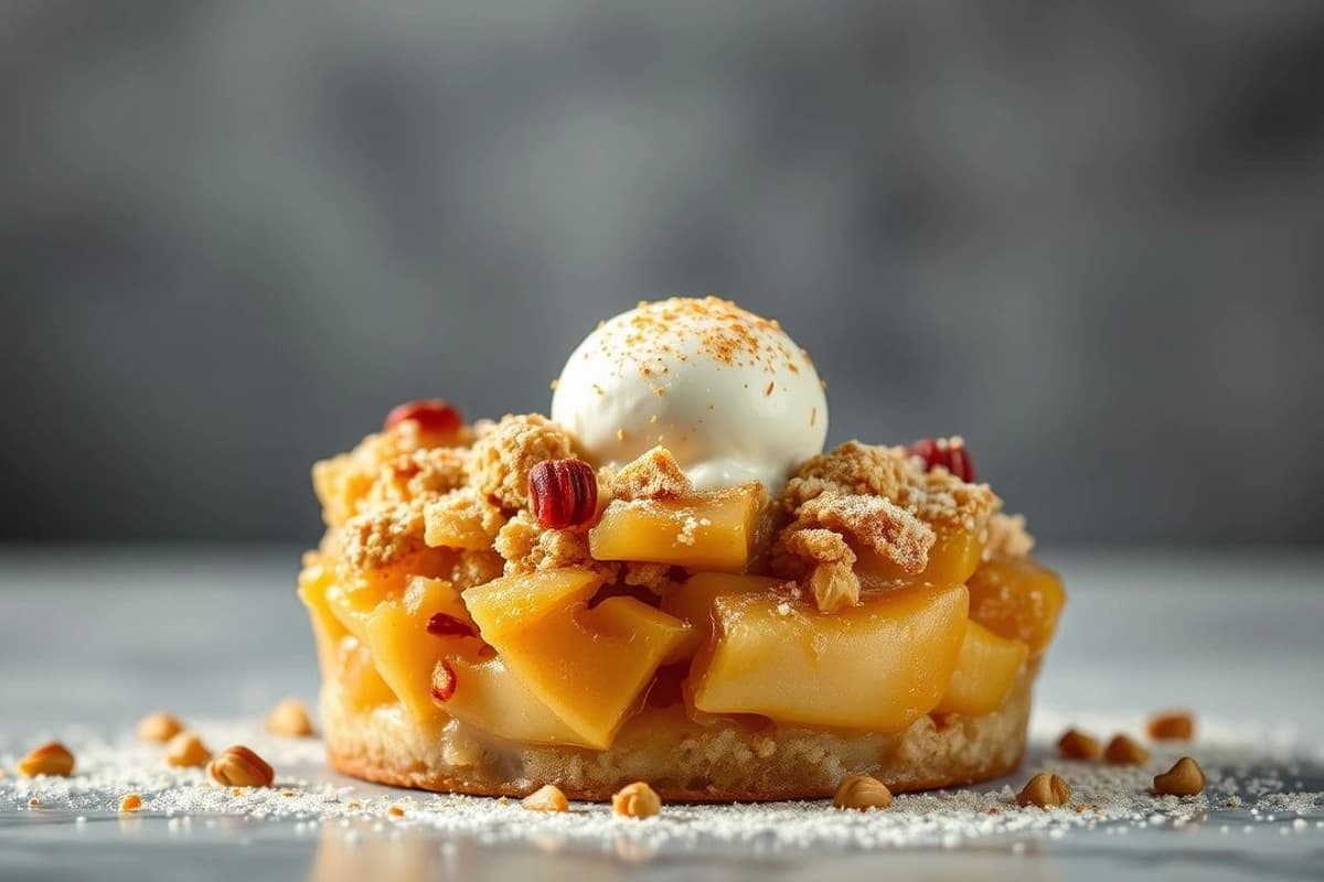 Apple Crumble oriental con piña caramelizada, nueces de macadamia y especias chinas
