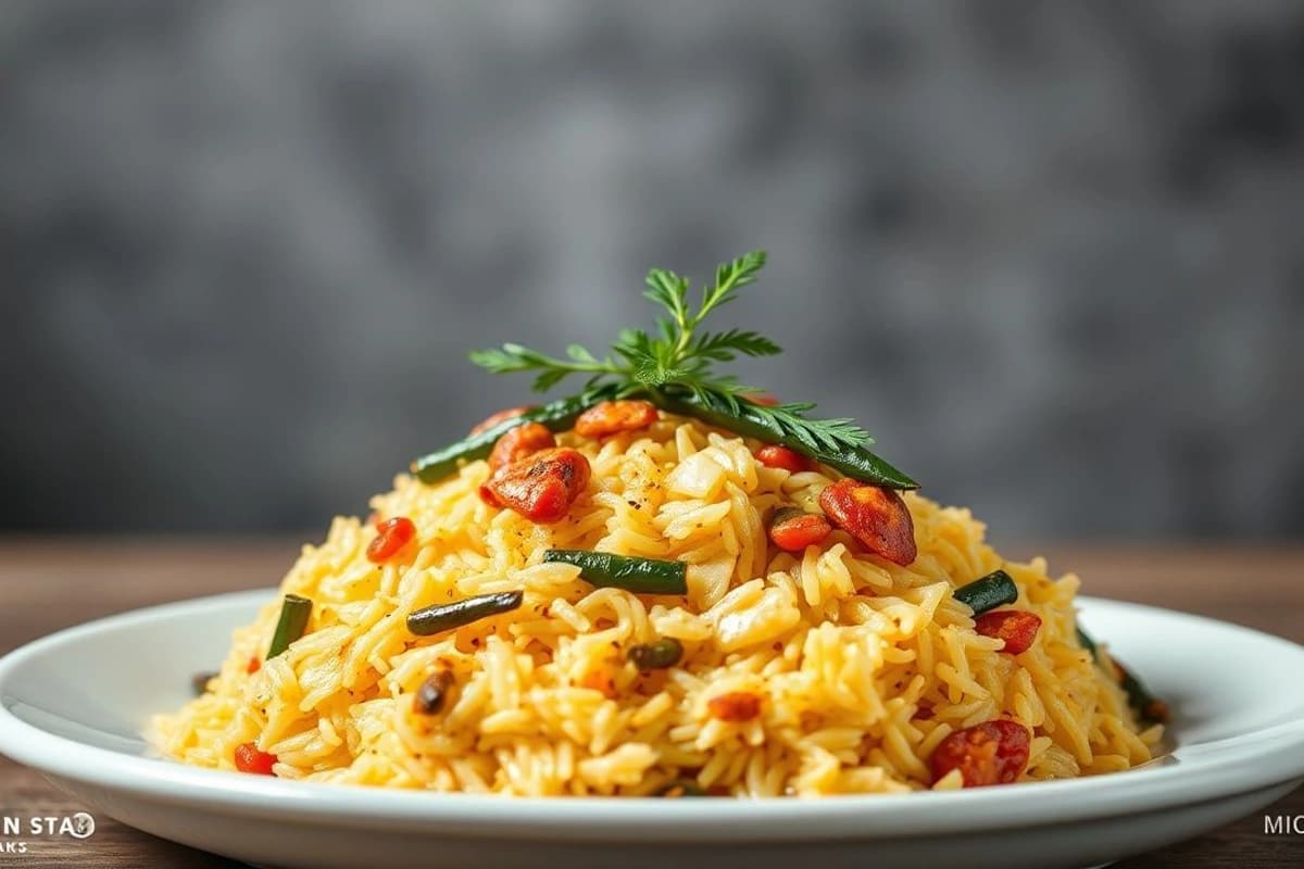 Arroz integral con verduras de temporada, lentejas cocidas al horno y un toque de curry casero