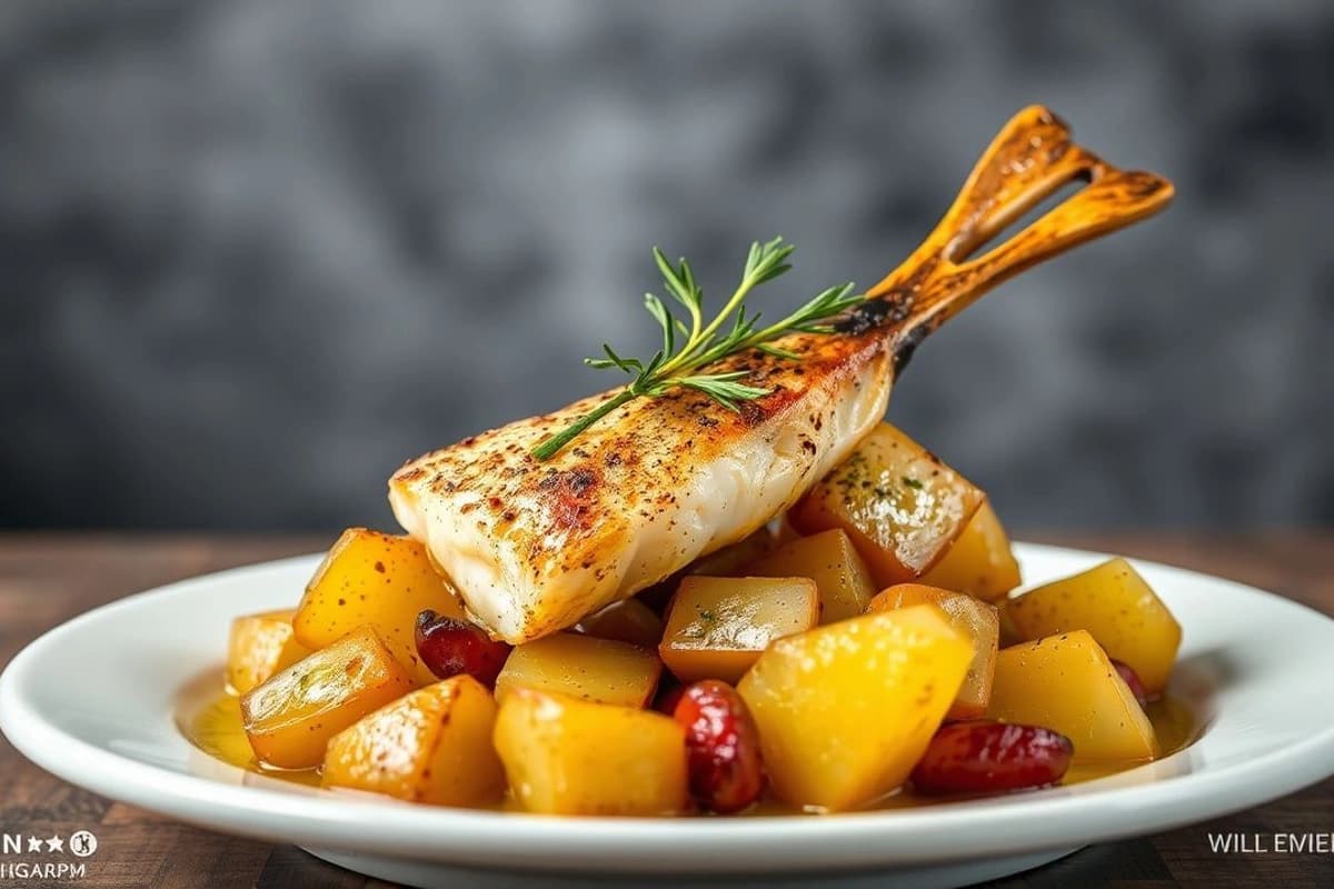 Bacalhau à Brás con ternera confitada en horno, patatas asadas y aceite de oliva picante