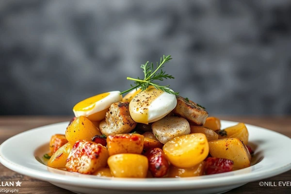 Bacalhau à Brás de Sabor Intenso con Huevos Poché, Patatas Asadas y Cebolla Caramelizada