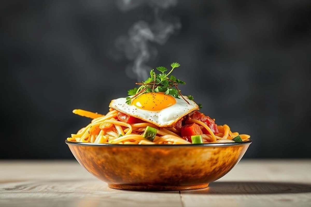 Bibimbap de Ternera con Fideos Frescos y Huevo Frito