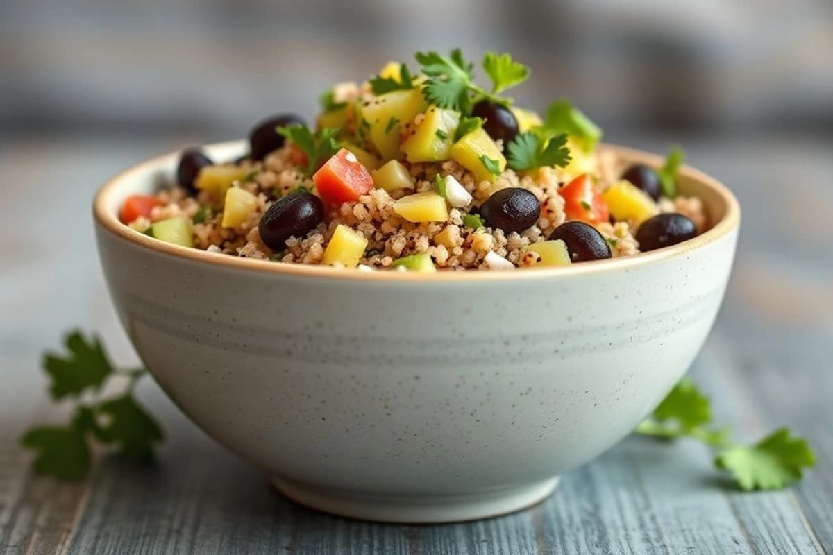Bowl de quinoa y verduras con salsa de aguacate y frijoles negros