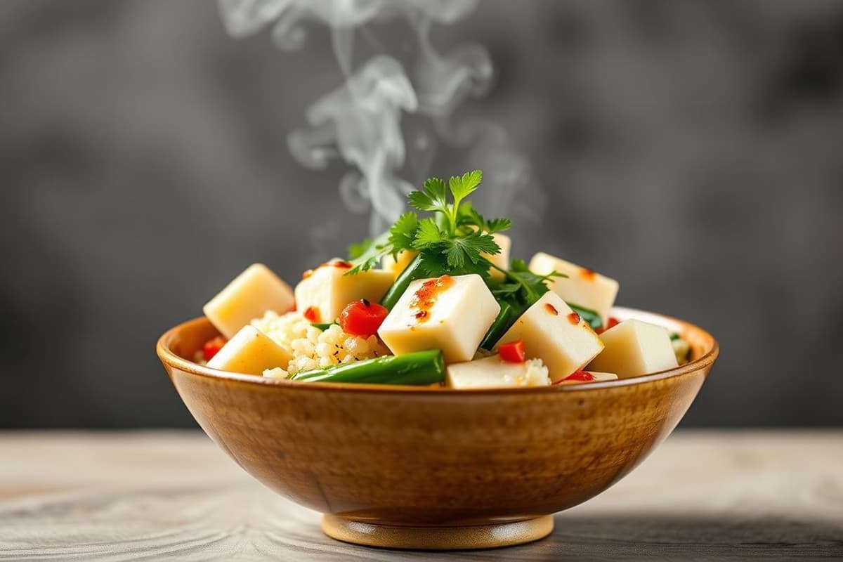 Bowl de verduras al vapor con tofu y soja, servido con arroz integral y una salsa de jengibre fresco