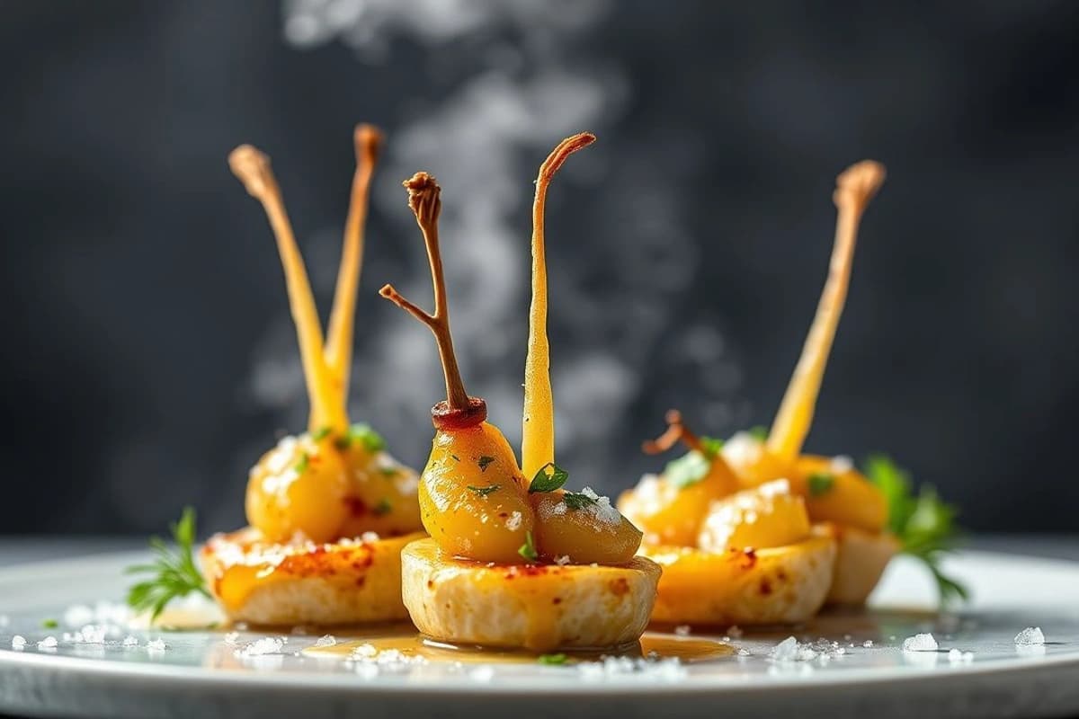 Brochetas de setas y hongos frescos al vapor con limón y perejil