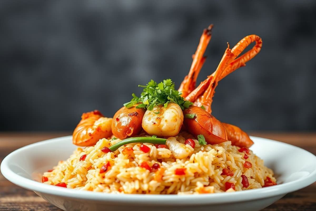 Bulgogi de Langostinos con Arroz Integral Coreano y Kimchi Casero