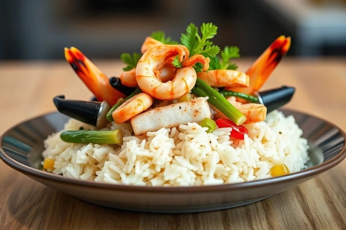 Bulgogi de Mariscos Coreanos con Arroz Blanco y Verduras Crujientes