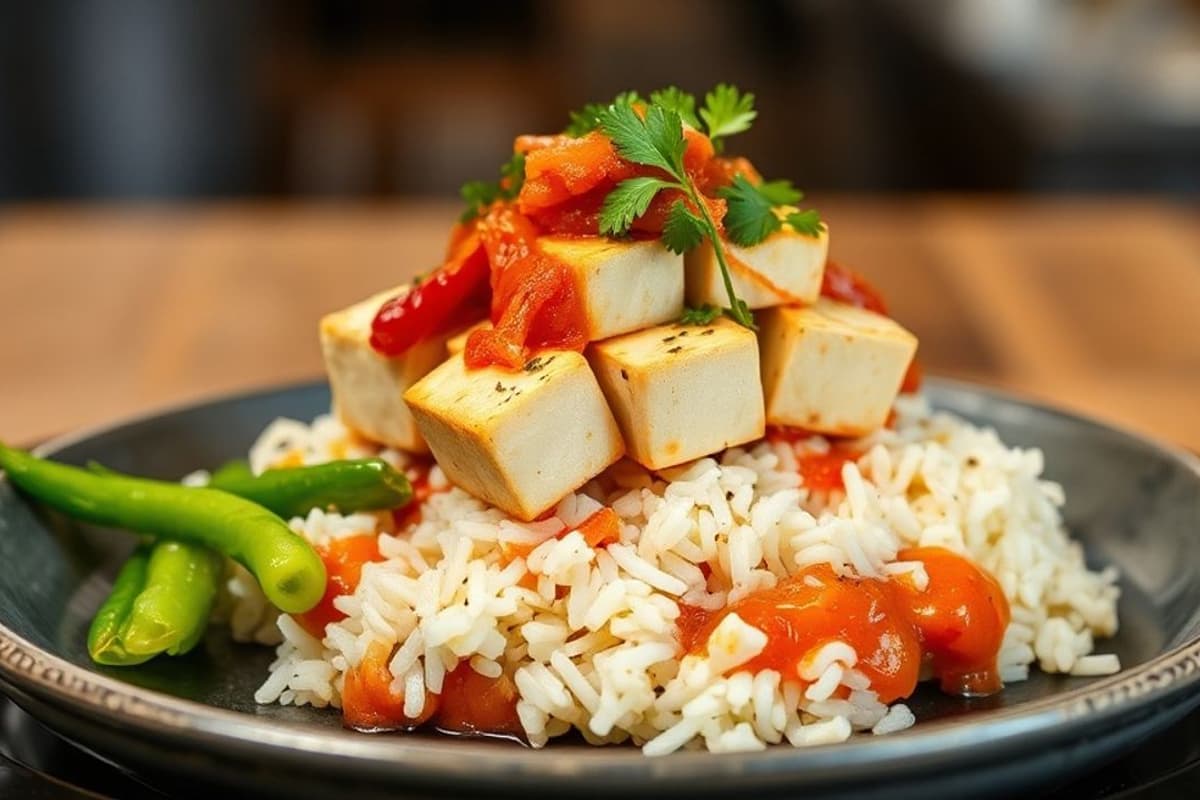 Bulgogi de Tofu y Soja a la Parrilla con Arroz y Kimchi