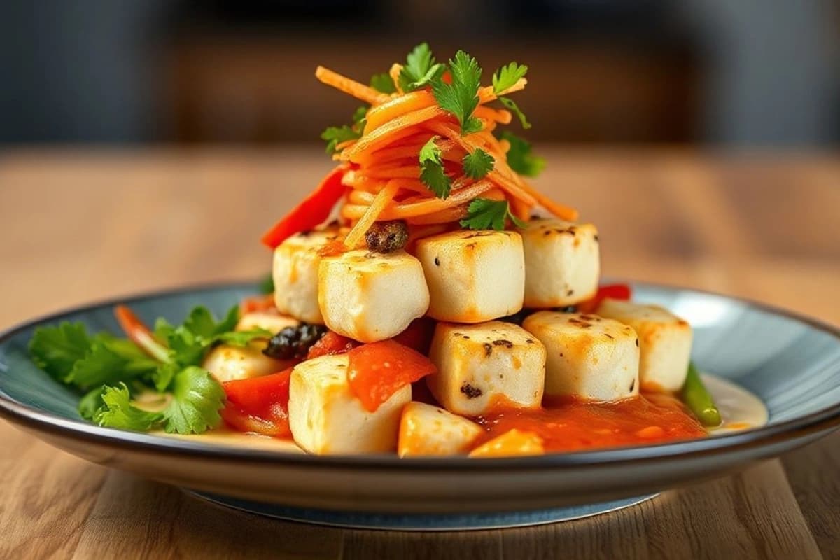 Bulgogi de Tofu y Soja con Verduras Asadas y Kimchi Casero