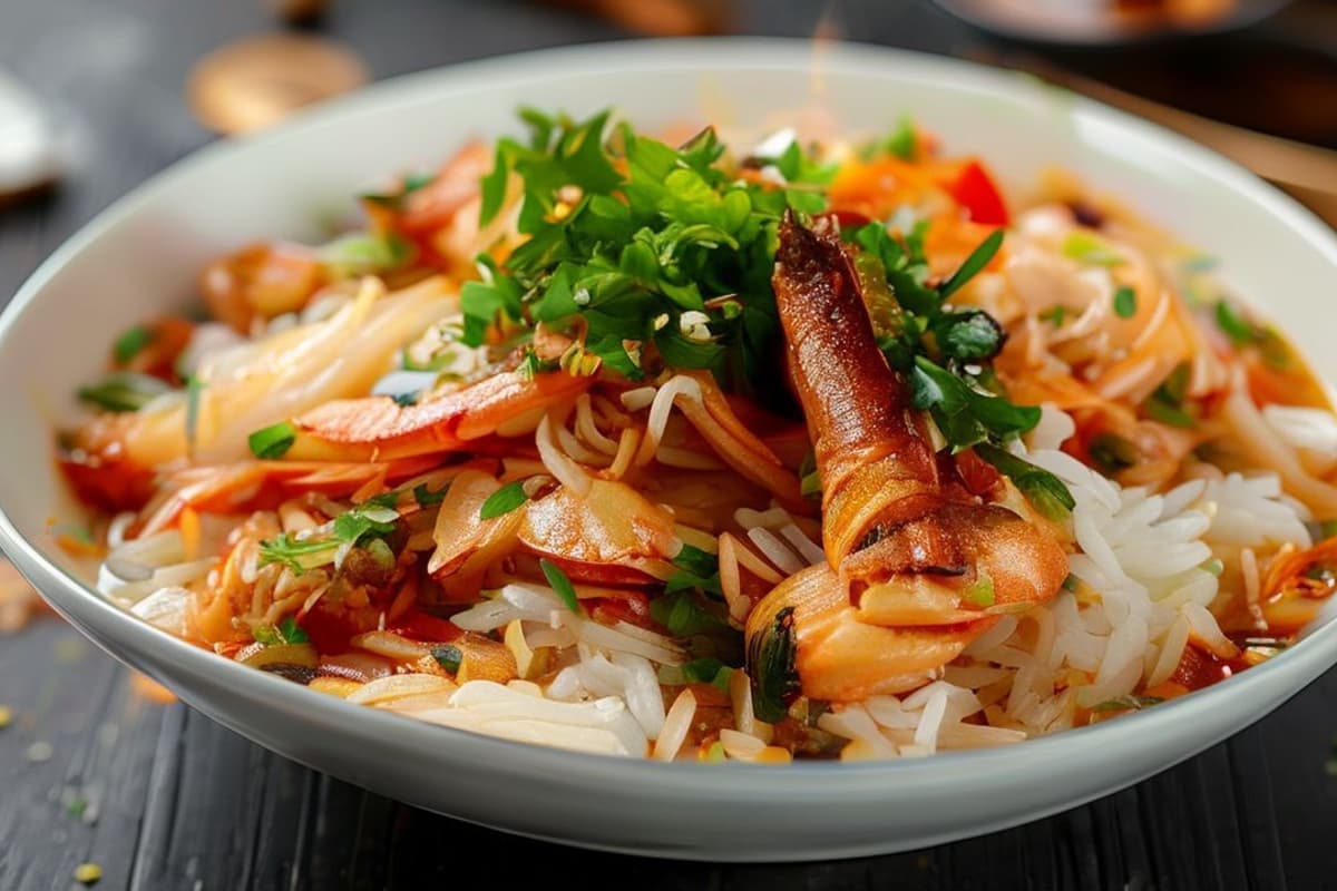 Bún Riêu de Mariscos: Un Plato Vietnamita Tradicional con Fideos de Arroz y Caldo Rico