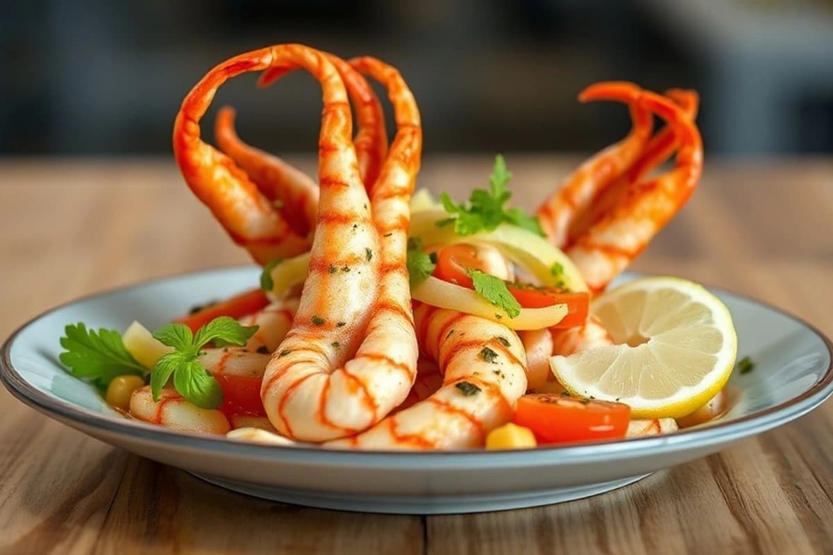 Calamares griegos con salsa de ajo y limón, servidos con ensalada de tomate y pepino fresco