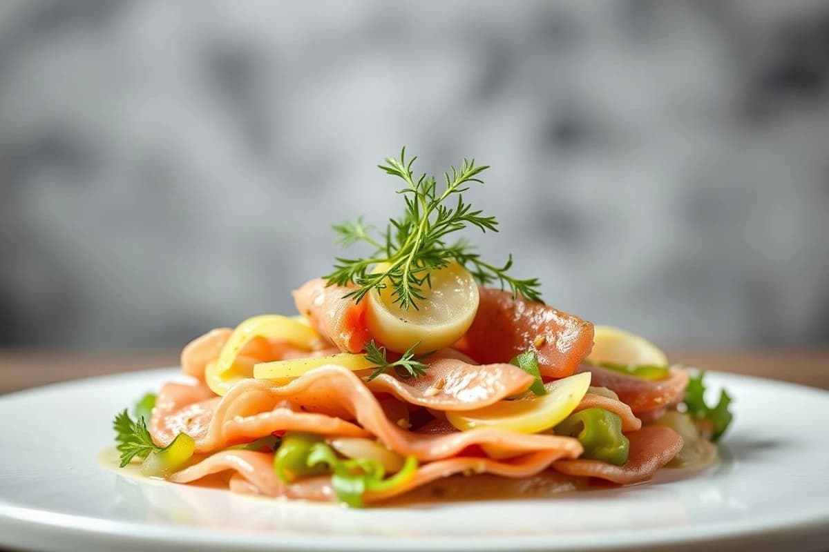 Carpaccio de cerdo empanado con ensalada de pepino y menta fresca