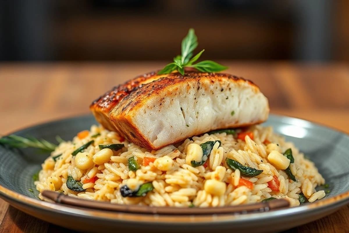 Cerdo a la Parrilla con Salsa de Ajo y Mirin, Servido con Arroz de Salvia y Verduras Asadas