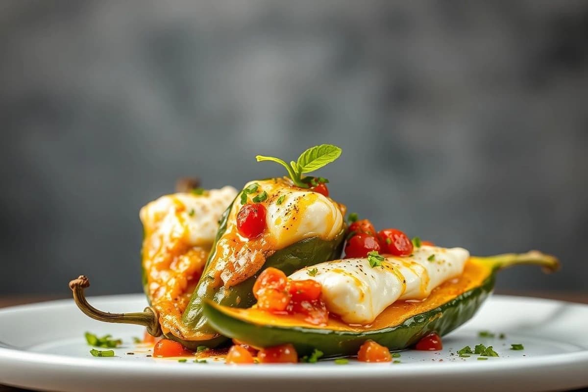 Chiles Rellenos de Queso Fresco y Flor de Calabacín con Salsa de Tomate y Epazote
