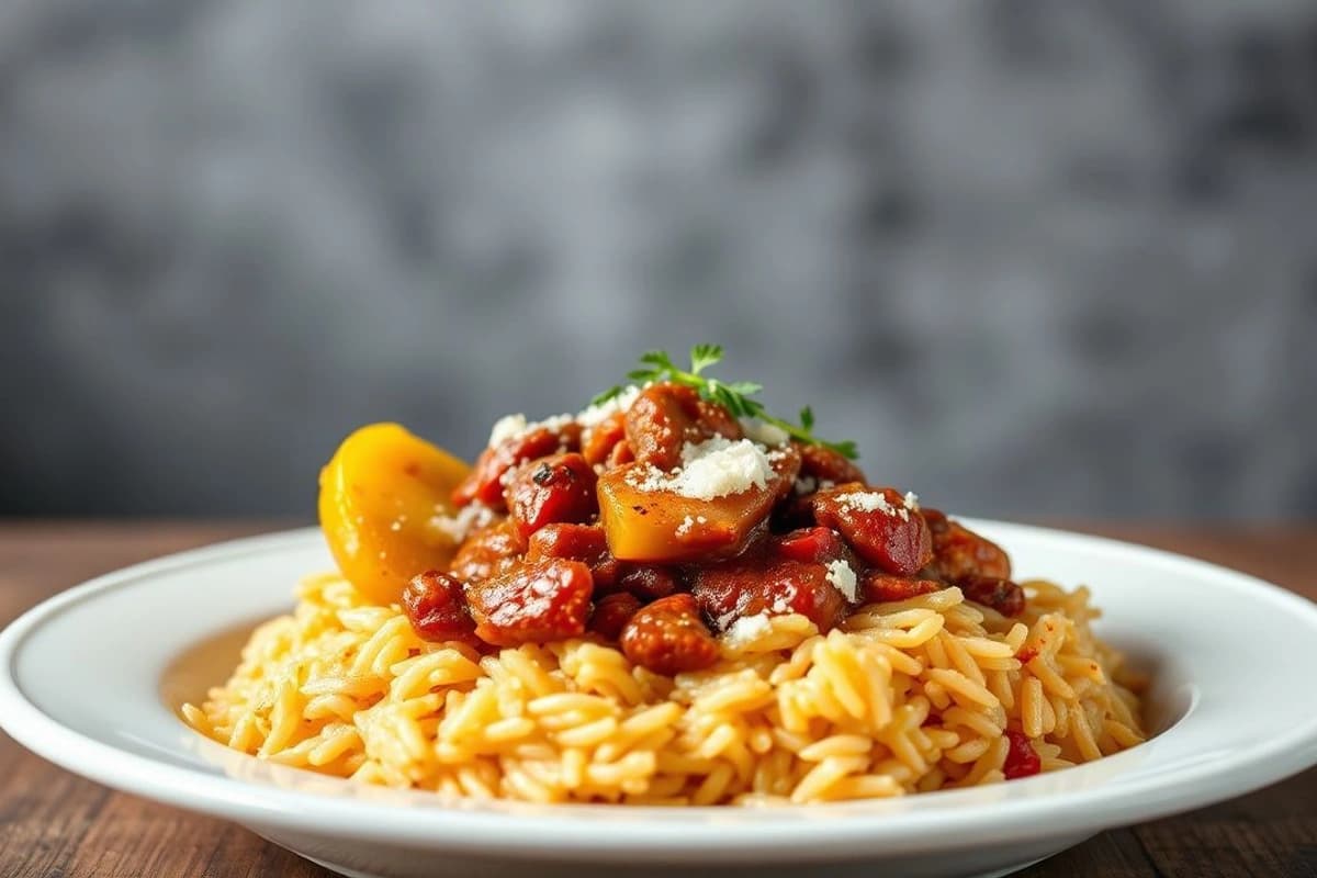 Chili con carne de lentejas y patatas, servido con arroz integral y queso rallado
