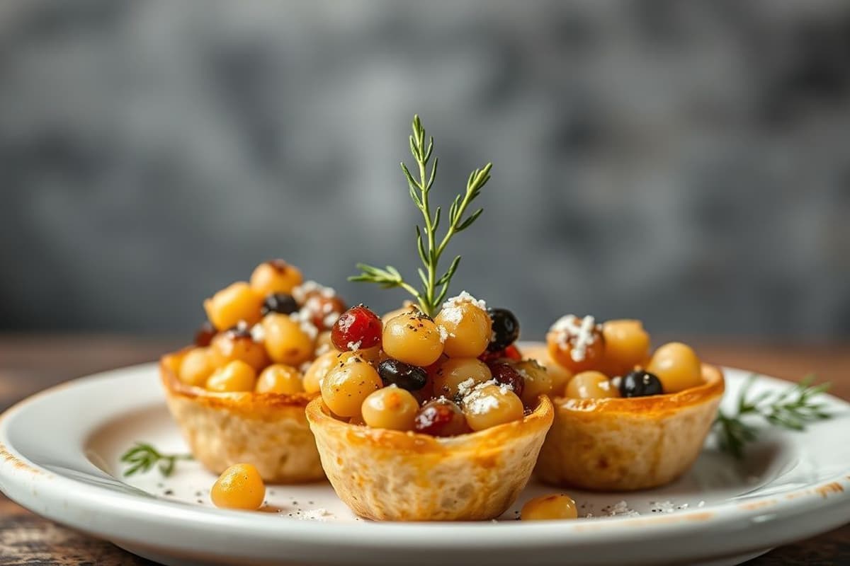 Chopitos de garbanzos con espinacas y ajo asados, servidos con pan crujiente y aceitunas Kalamata