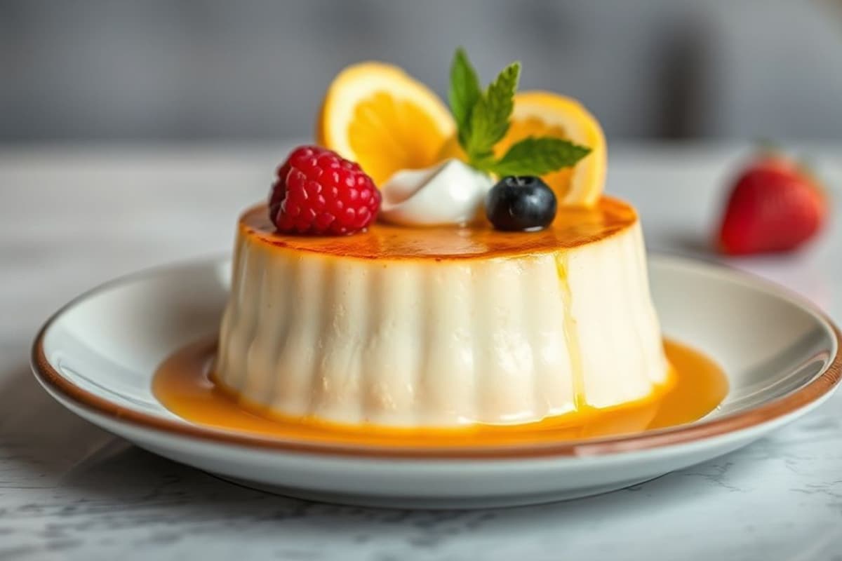 Crème Brûlée de vainilla casera con azúcar moreno caramelizado y frutas frescas de temporada