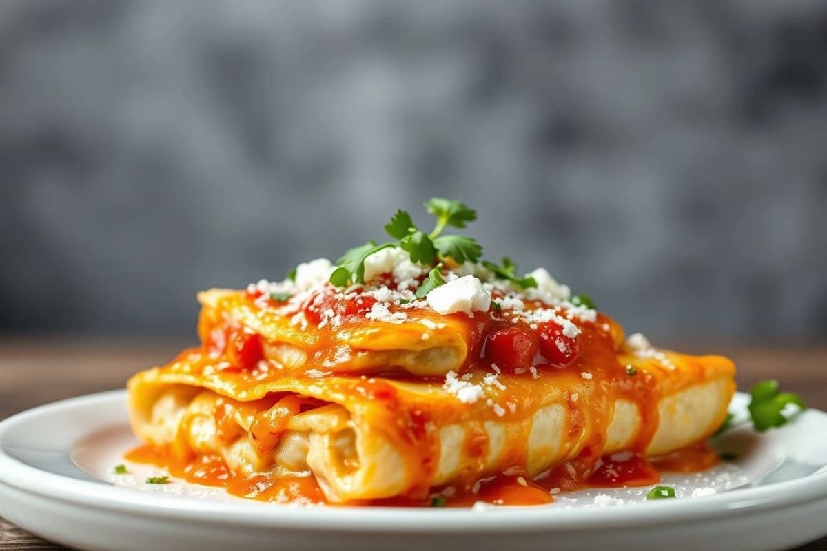 Enchiladas de crema con pollo al carbon, salsa de tomate casera y queso fresco