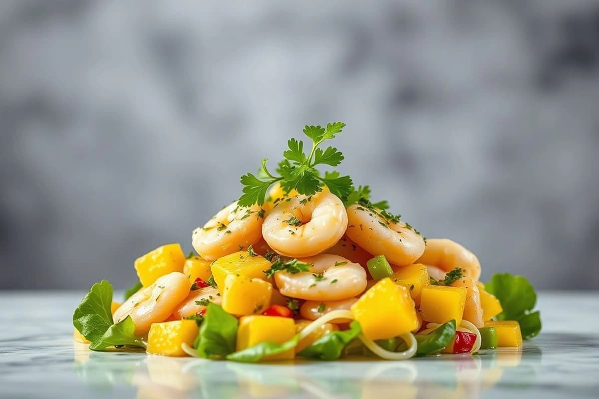Ensalada de Camarones Tailandesa con Mango Fresco y Cilantro Crujiente