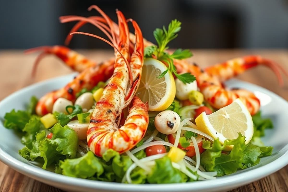 Ensalada de Langostinos Grillados con Lechuga Fresca y Vinagreta de Limón
