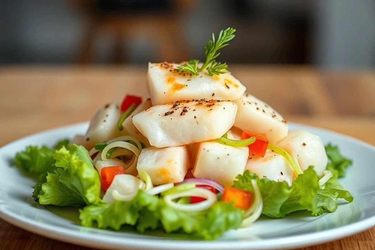 Ensalada de Lechuga Fresca con Palitos de Pescado Blanco al Vapor y Salsa de Tamarindo Ligera
