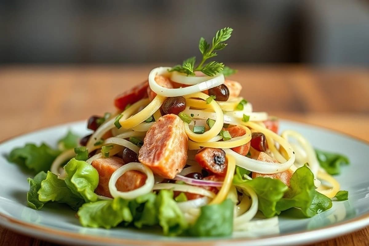 Ensalada de Ternera Rústica con Pepino, Cebolla Crujiente y Vinagreta de Mostaza