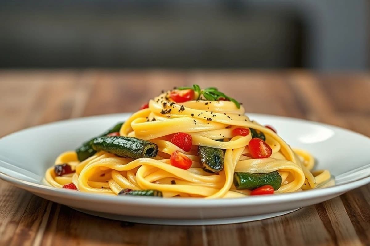 Fettuccine al Horno con Verduras de Temporada y Setas Salteadas