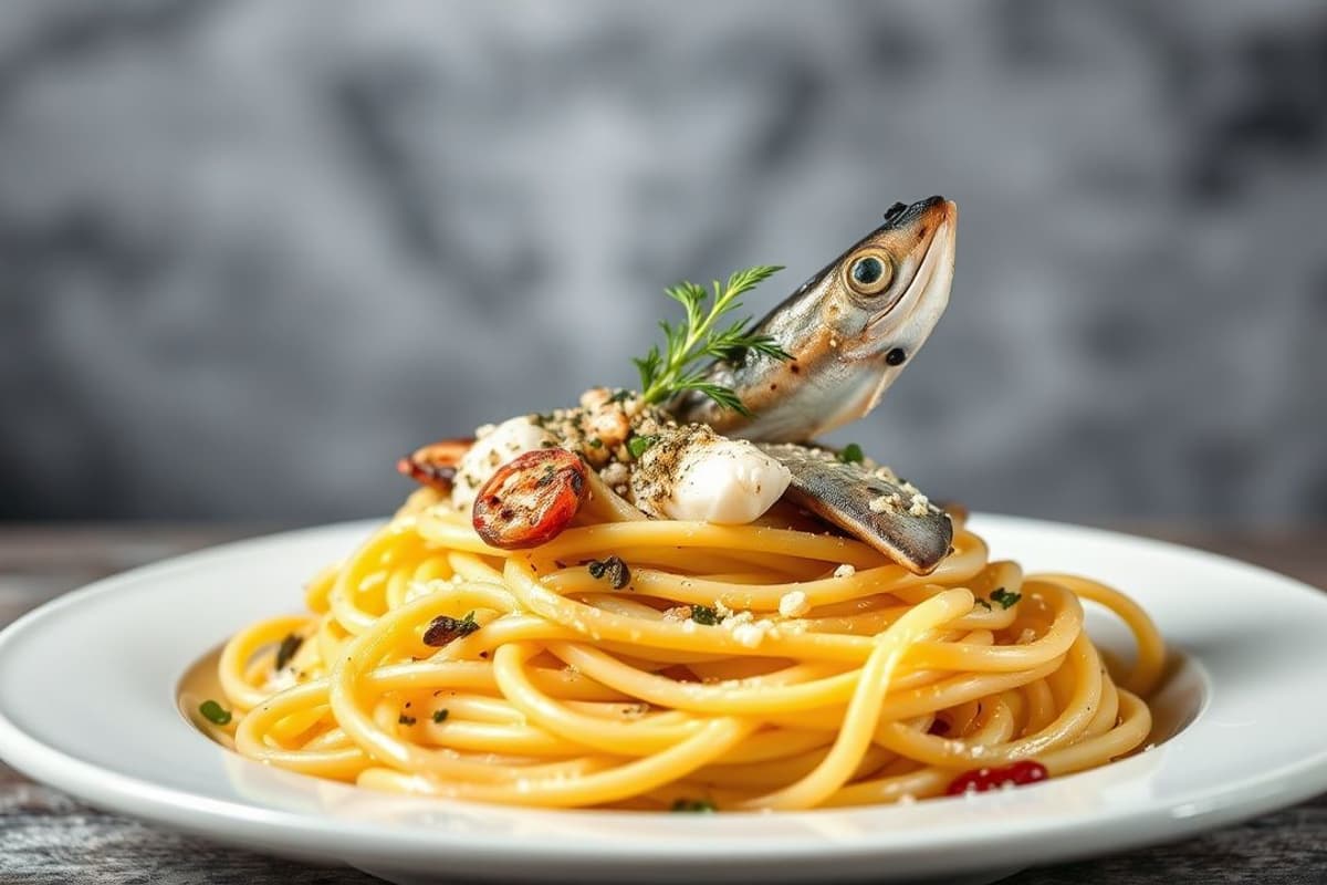 Fettuccine con Merluza a la Plancha y Champiñones Silvestres