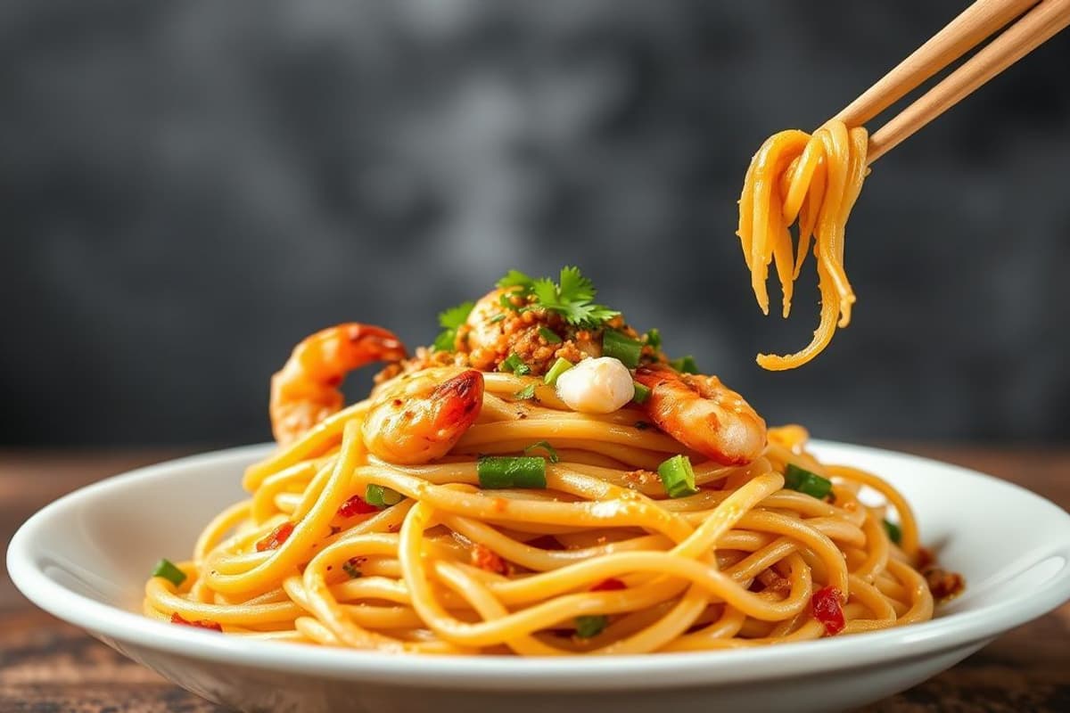 Fideos Chinos al Wok con Gambas, Espinacas y Salsa de Soja Casera