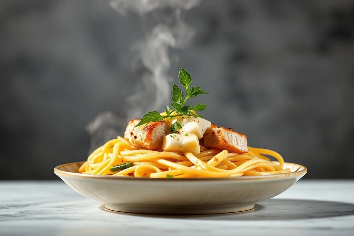 Fideos de bambú al vapor con pollo sazonado y salsa de coco