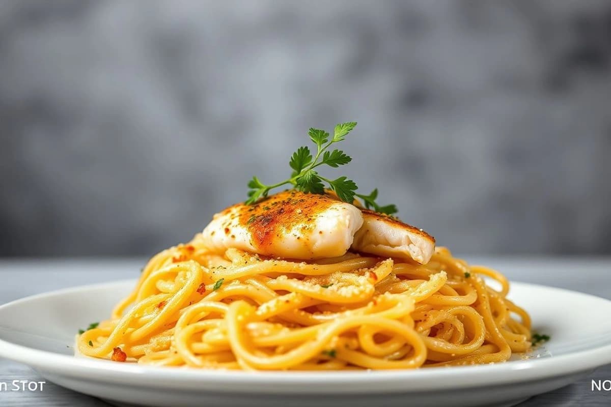 Fideos de Quinoa con Pescado Blanco al Horno y Salsa de Aji Amarillo