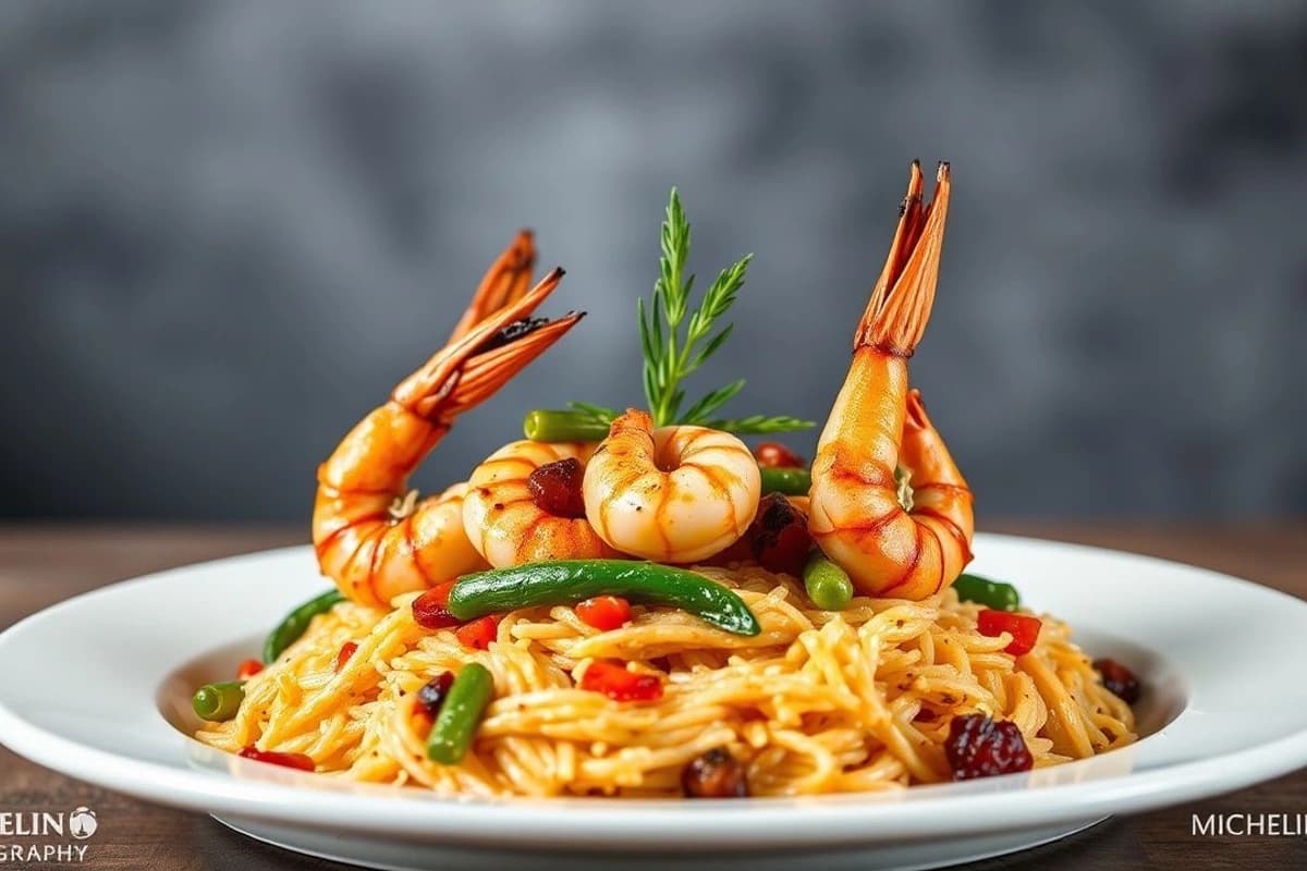 Gambas al Ajillo con Arroz Teriyaki y Verduras Asadas