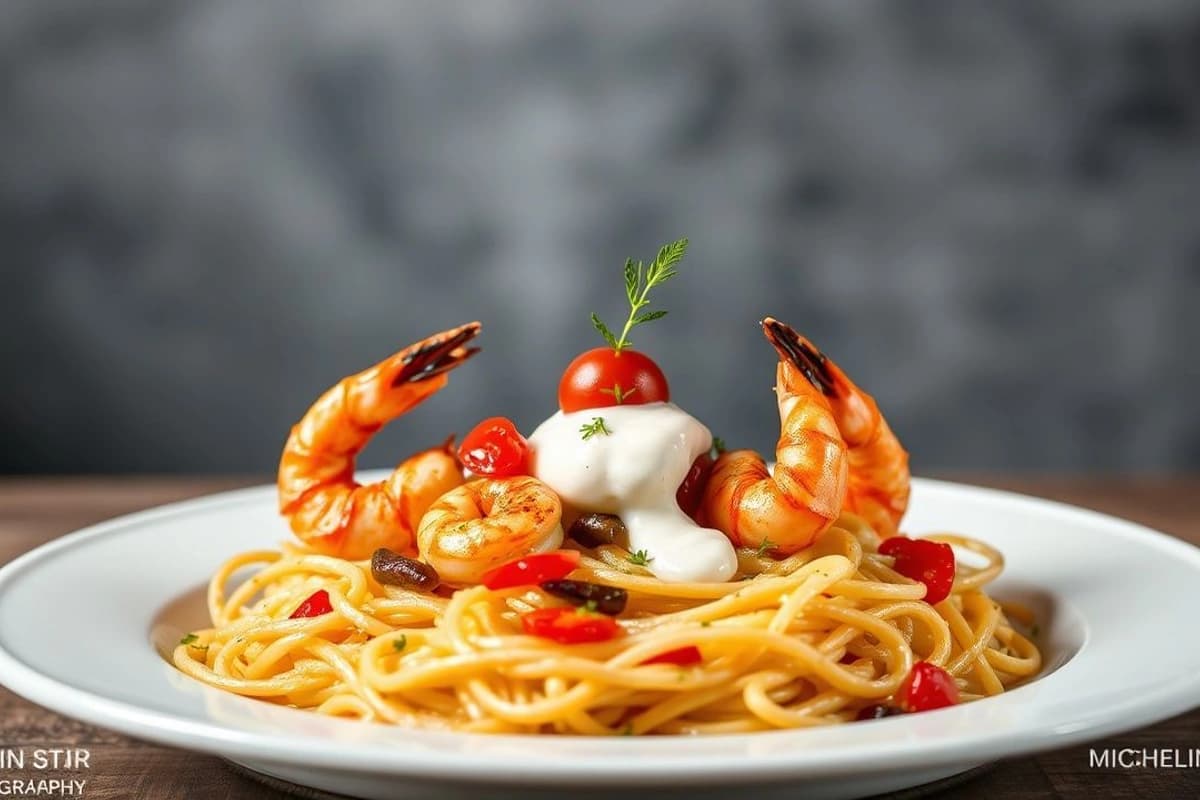 Gambas al Ajillo con Fideuà de Arroz y Hortalizas, servido con alioli fresco y tomate cherry
