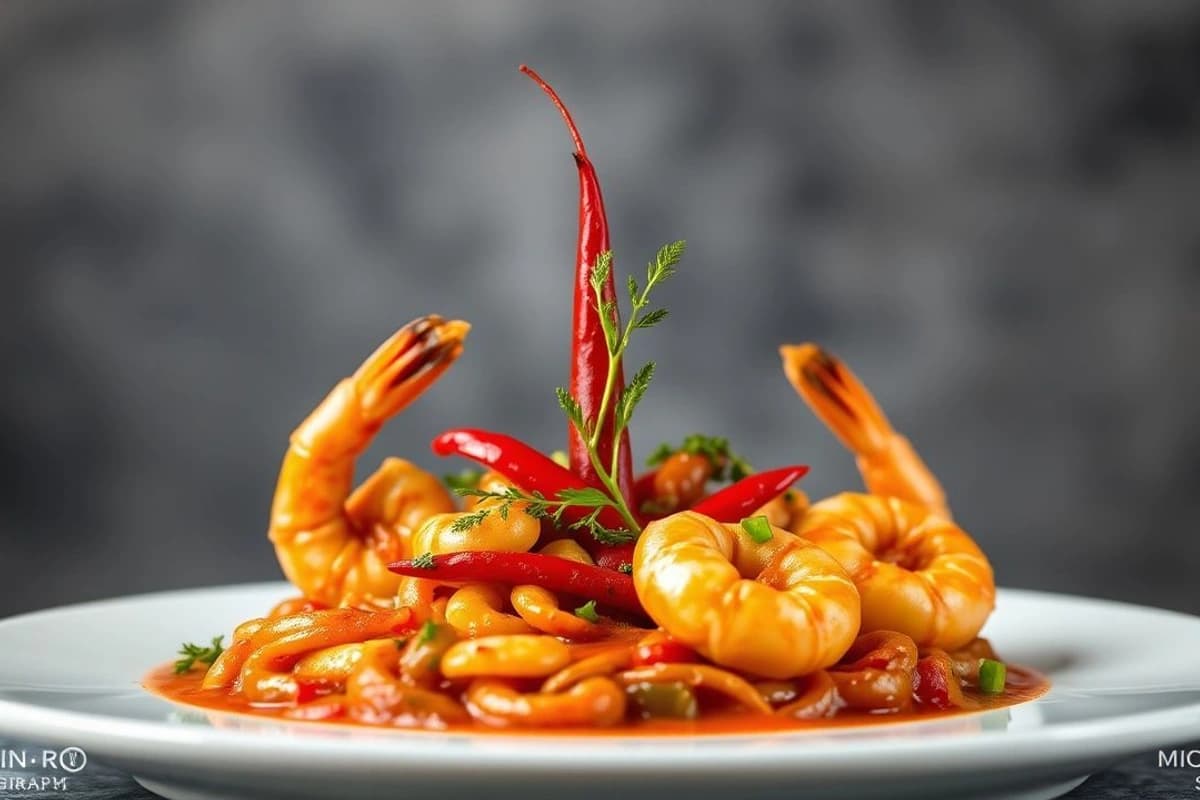 Gambas al Ajillo con Pimiento Rojo y Alcachofa crujiente