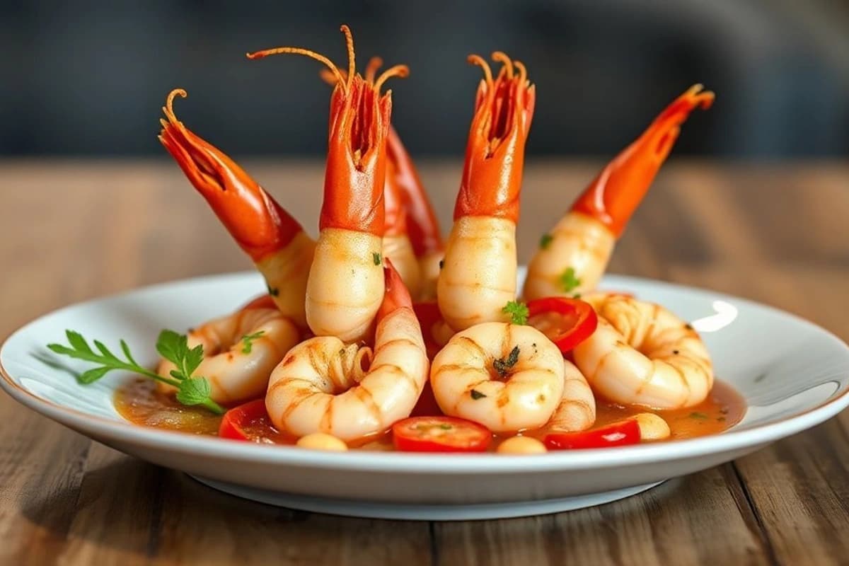 Gambas al Ajillo con Salteado de Cebolla Dulce y Pimiento Rojo