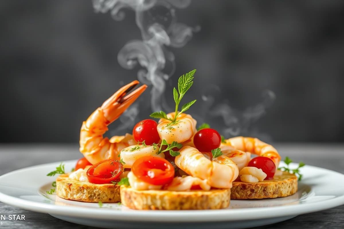 Gambas al vapor con tostadas crujientes y ensalada de aguacate y tomate cherry