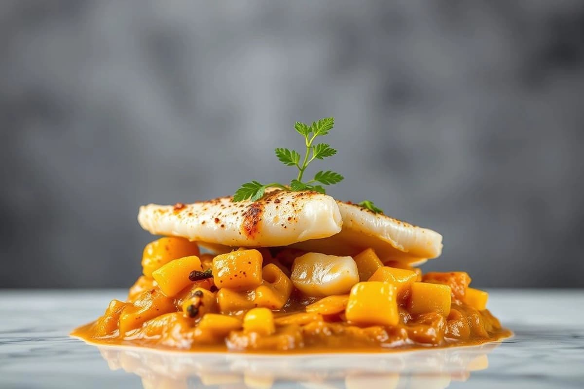 Gulab Masala de Pescado Blanco con Pollo al Vapor y Puré de Calabacín