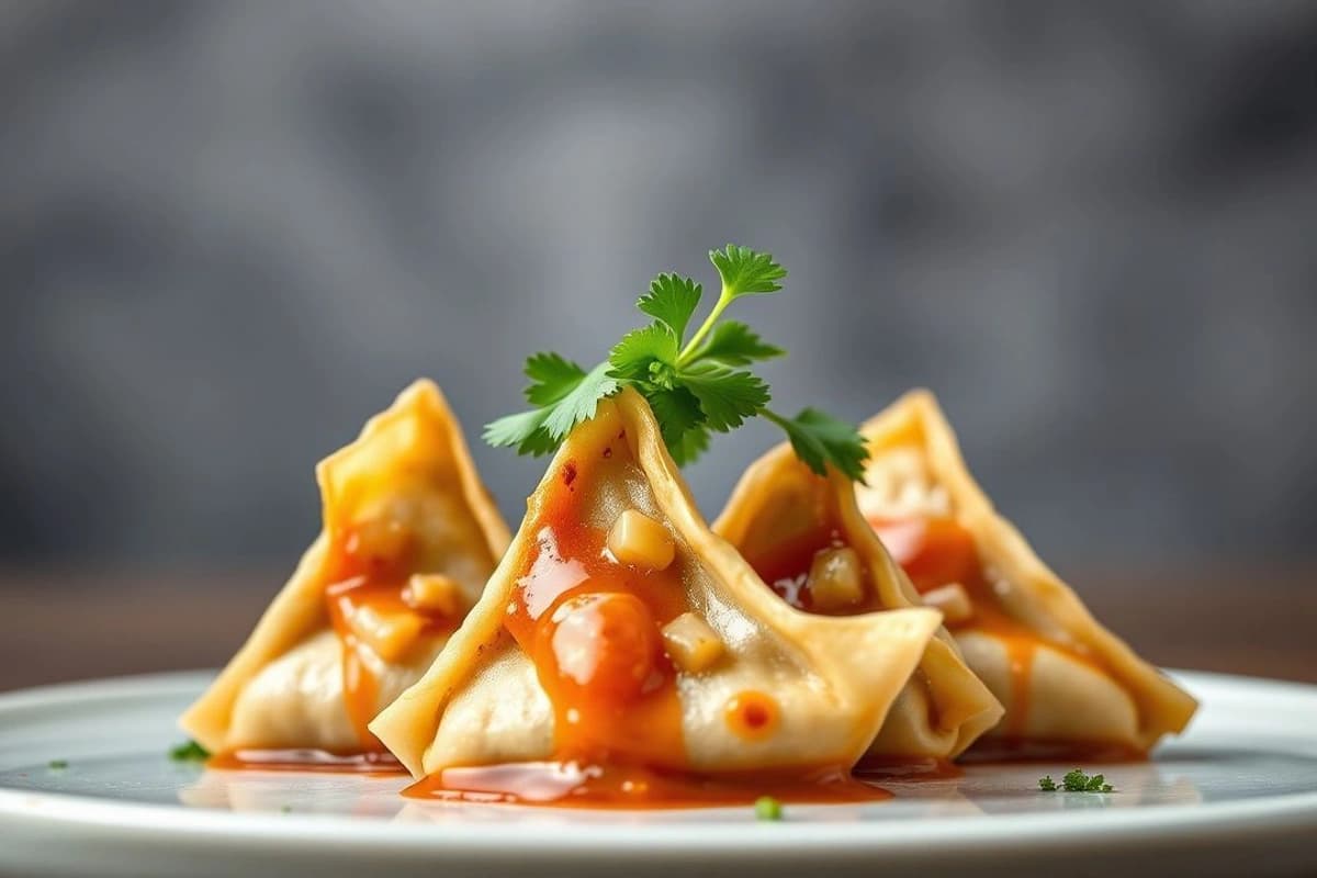 Gyoza de pollo vietnamita con salsa de soja, cebolla cristalizada y cilantro fresco