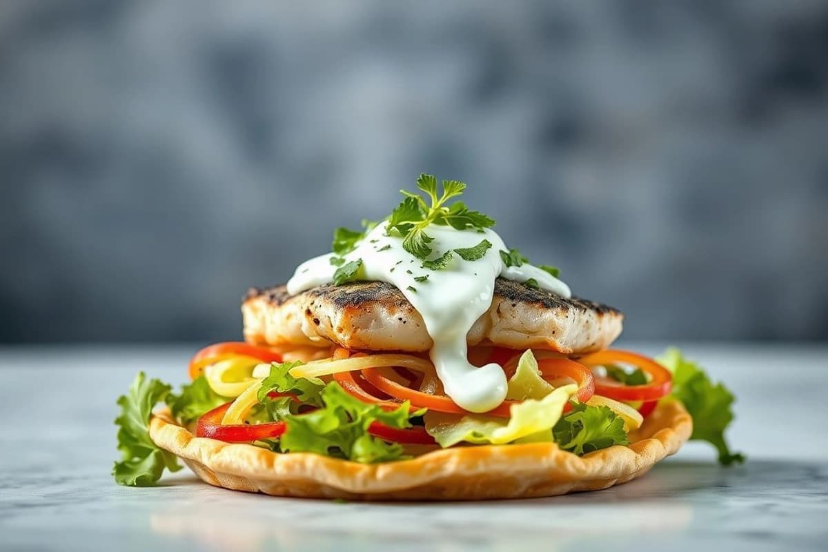Gyro de Pescado Azul con Salsa Tzatziki y Ensalada Fresca