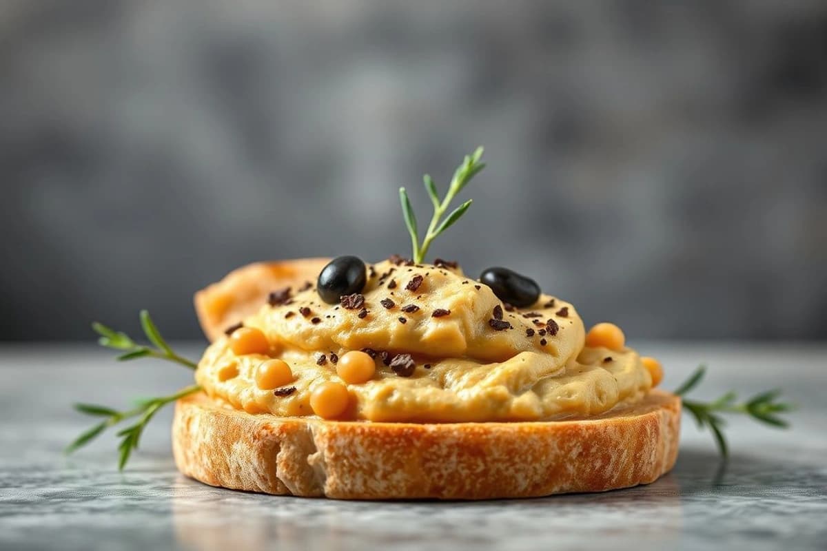 Humus de garbanzos con pan de pita crujiente y olivas negras