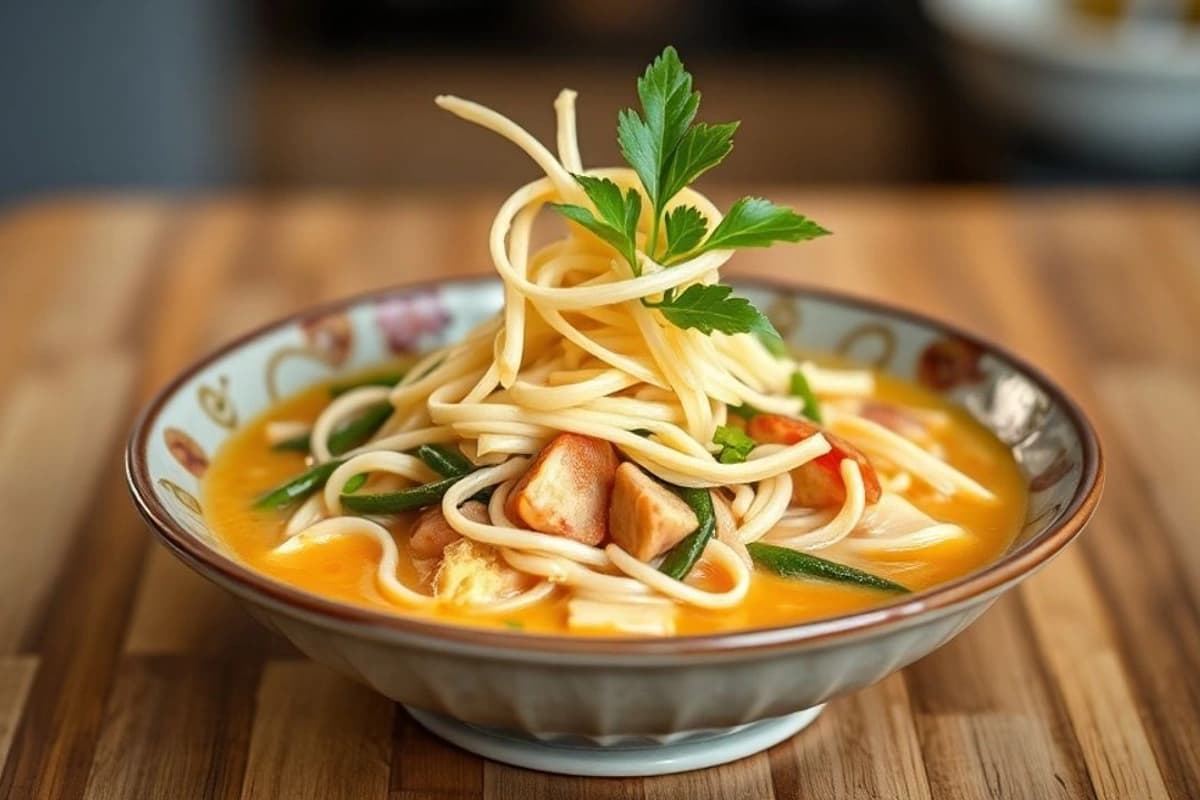 Khao Soi cremoso con cerdo cilindrado, té de lima y hierbas frescas