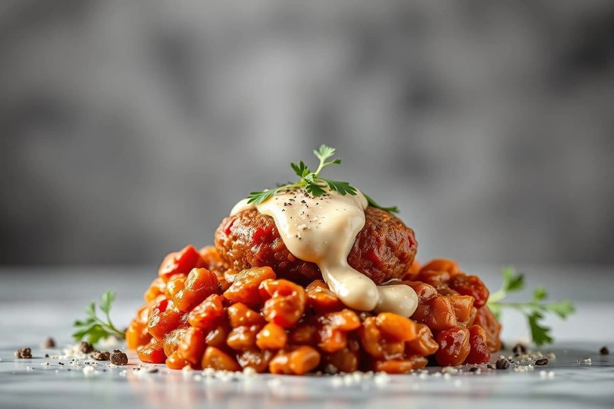 Kibbeh Nabulsi roja con tofu panificado y tahini cremoso: Una explosión de sabores libaneses