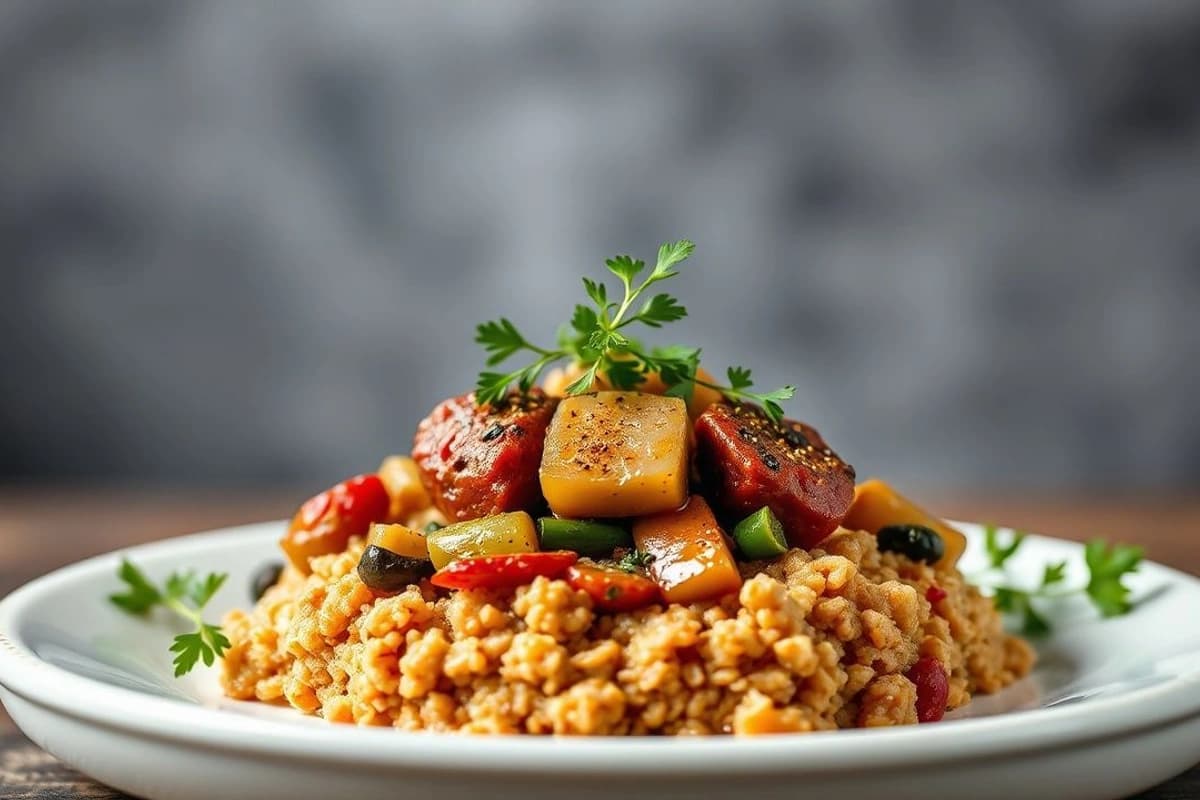 Kofte de lentejas turcas con verduras asadas y bulgur tostado
