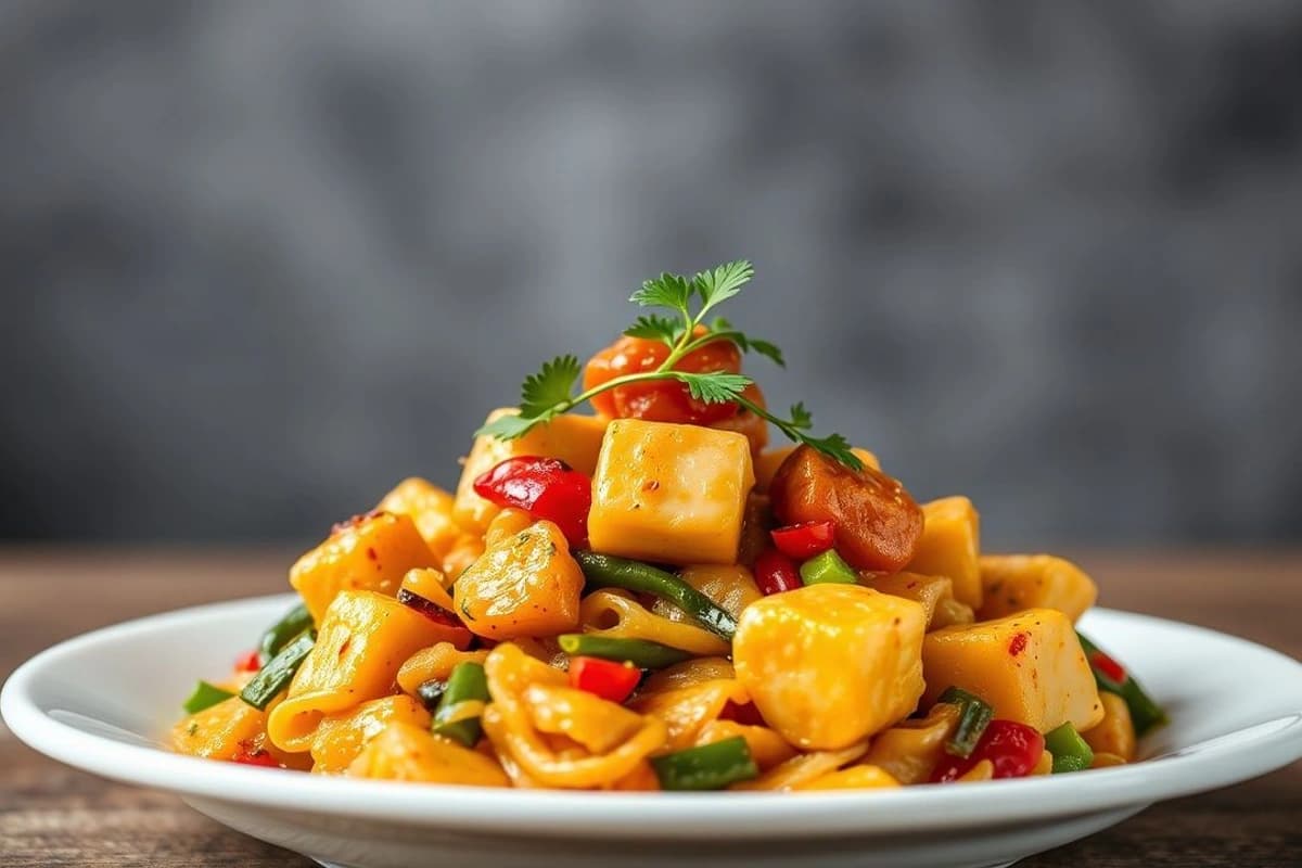 Kung Pao de Tofu y Champiñones con Verduras Frescas y Salsita Picante