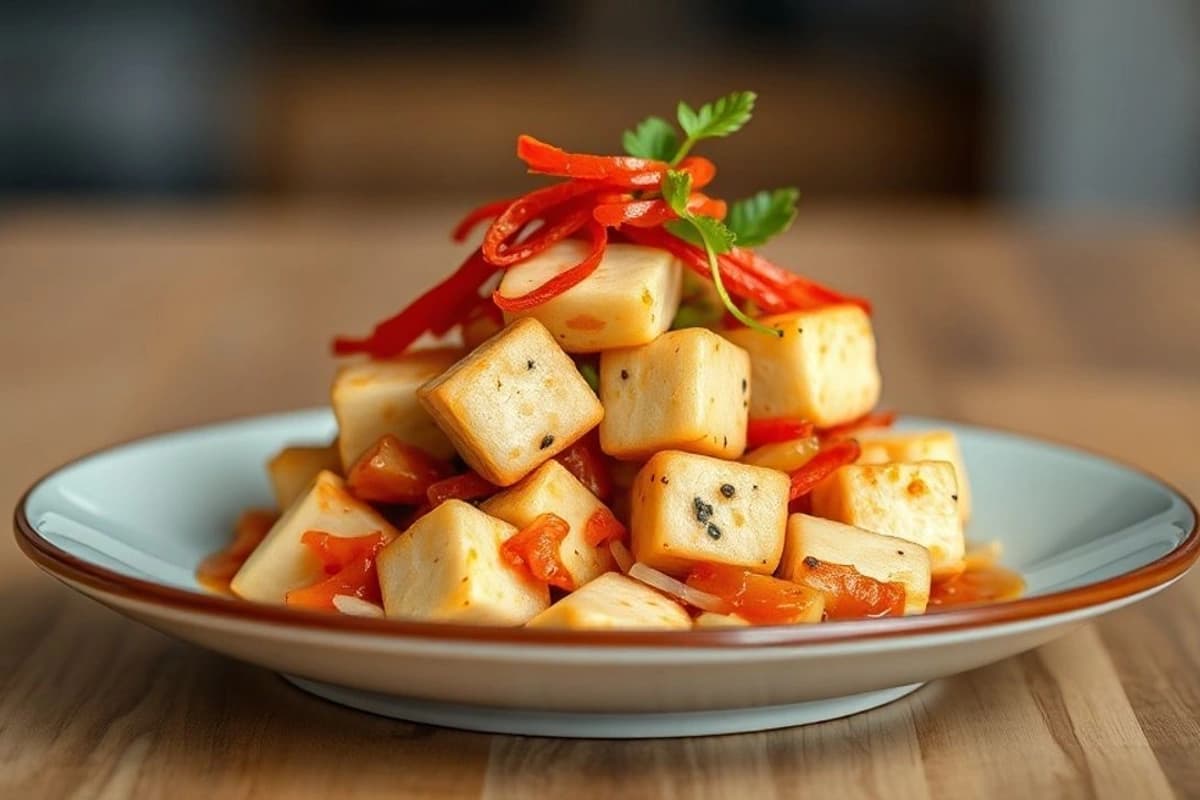 Kung Pao de Tofu y Soja con Cebolla Roja Caramelizada