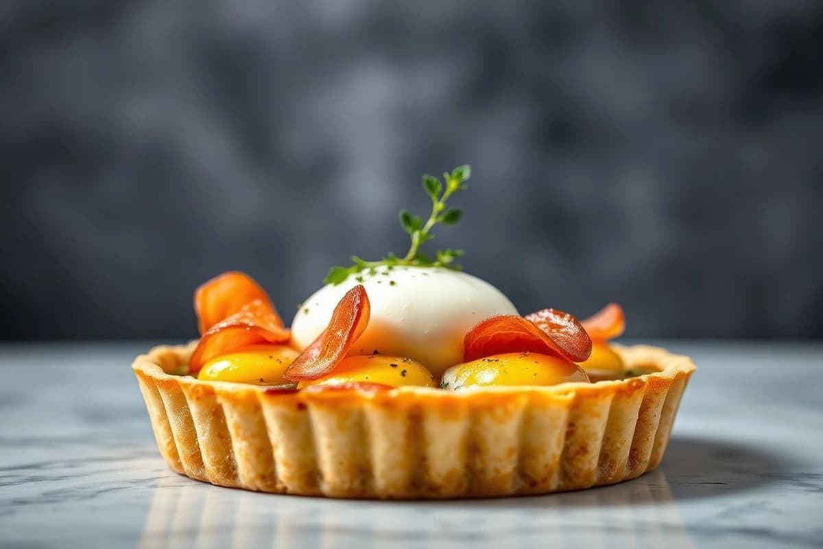 La Reina de la Noche: Tarta de queso burrata con huevos poché y jamón ibérico crujiente