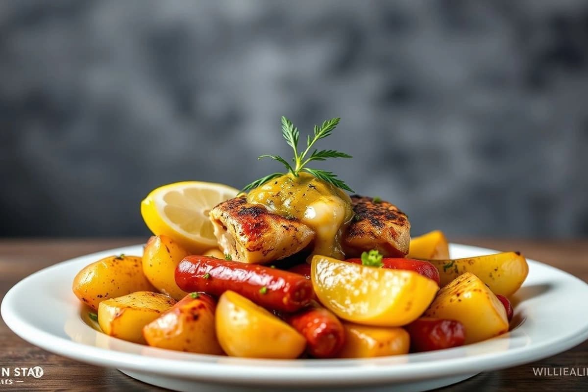 Lenguado al horno con salsa de ajo y limón, servido con patatas asadas y chorizo gallego