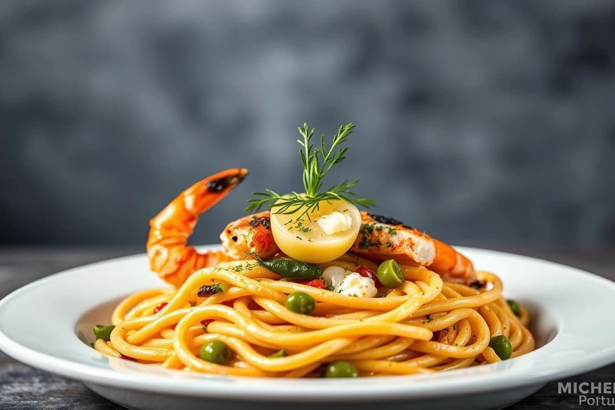 Linguine al Pescado con Salsa de Limón y Ajo, Gambas a la Parrilla y Verduras al Vapor