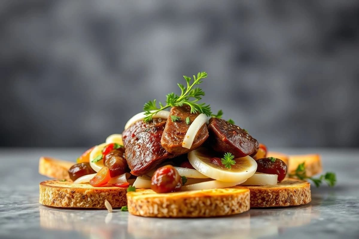 Lomo Saltado Ternera con Ensalada de Cebolla Crujiente y Tostadas de Pan de Quinoa
