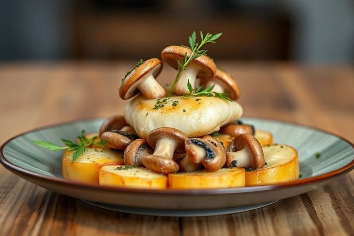 Merluza al Champignon con Ajo y Puerro, Patio de Patatas Crujientes