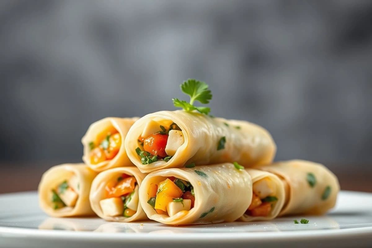 Mini spring rolls de tofu y soja con salsa de mango picante y hojas de cilantro fresco
